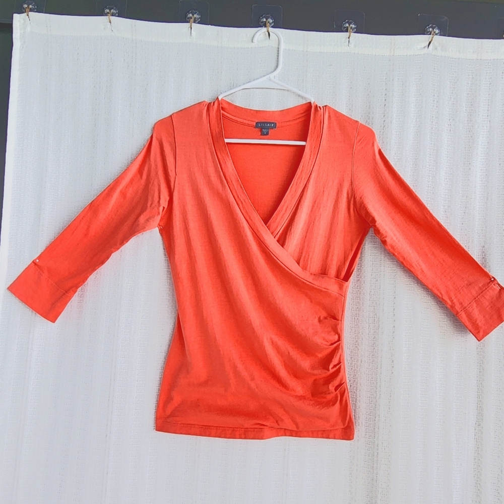 NWOT  PRIMA COTTON CORAL WRAP FRONT TOP WITH 3/4 SLEEVE LILLA P - SIZE SMALL